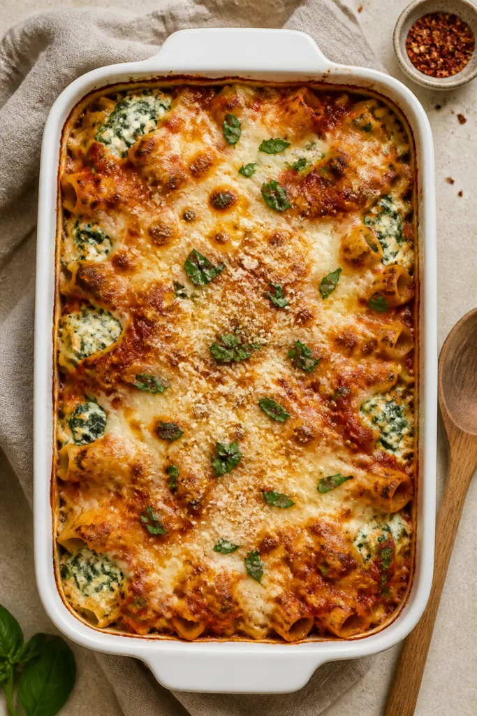 Overhead shot of a freshly baked ziti casserole just out of the oven, cheese melted and lightly brow