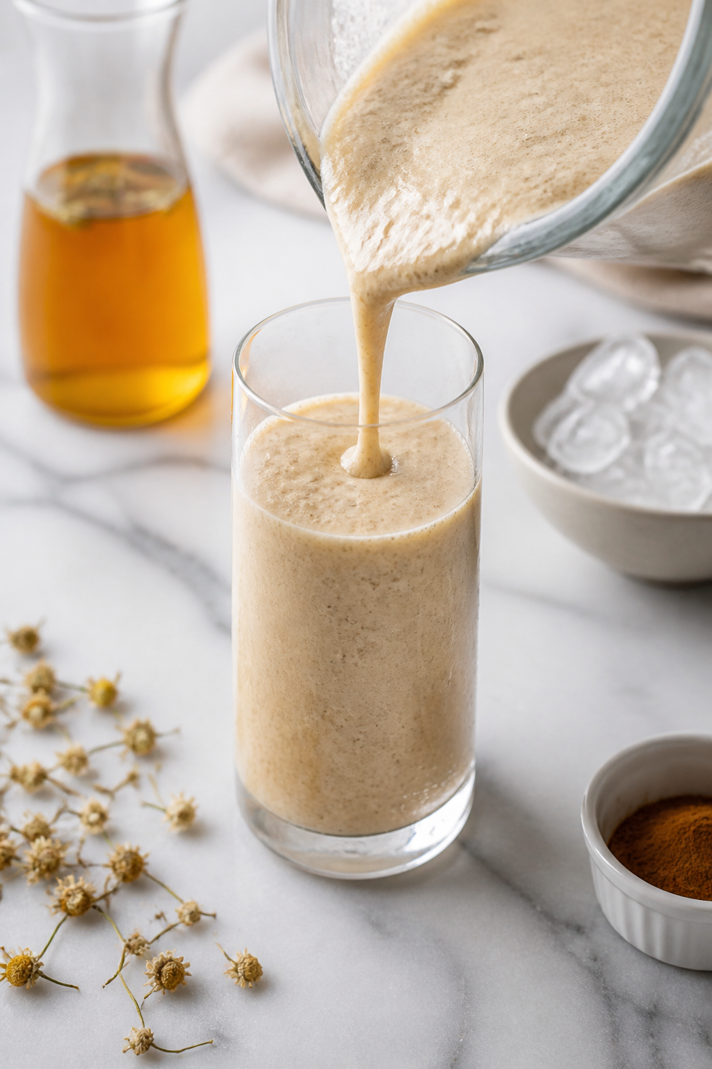 Overhead shot of a freshly blended banana chamomile tea smoothie being poured from a glass blender j