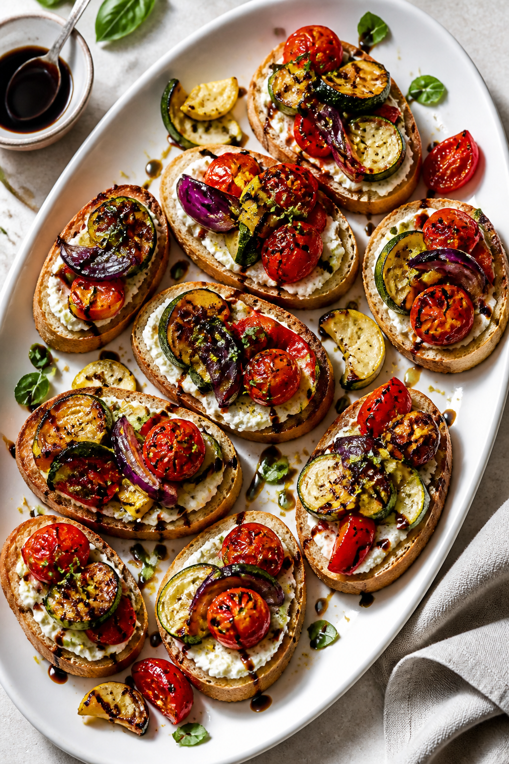 Overhead shot of assembled Roasted Veggie Crostini on a matte white platter: golden baguette toasts 