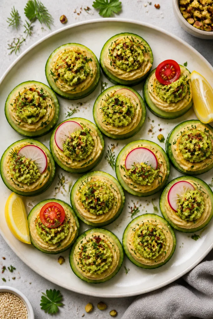 Overhead shot of assembled Vegan Avocado Hummus Bites on crisp cucumber rounds, glossy hummus swirls