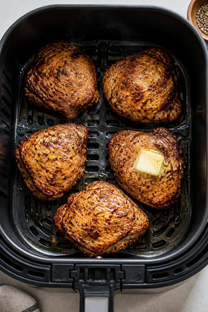 Overhead shot of cooked lemon pepper boneless chicken thighs resting in an air fryer basket at 400°