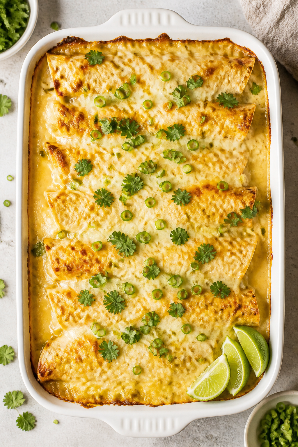 Overhead shot of creamy chicken enchiladas fresh out of the oven, 9x13 baking dish filled with neatl