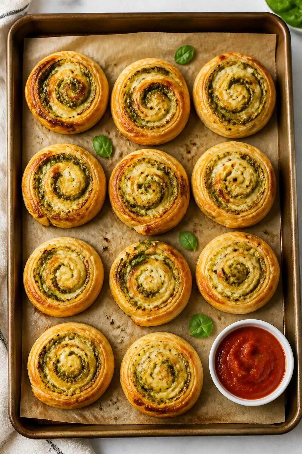 Overhead shot of freshly baked mozzarella and basil pesto pinwheels just out of the oven on a parchm