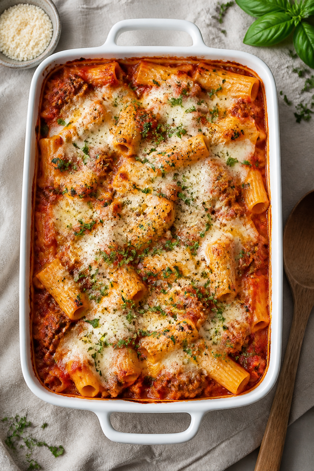 Overhead shot of freshly baked rigatoni with ricotta and meat sauce just out of the oven: bubbling m