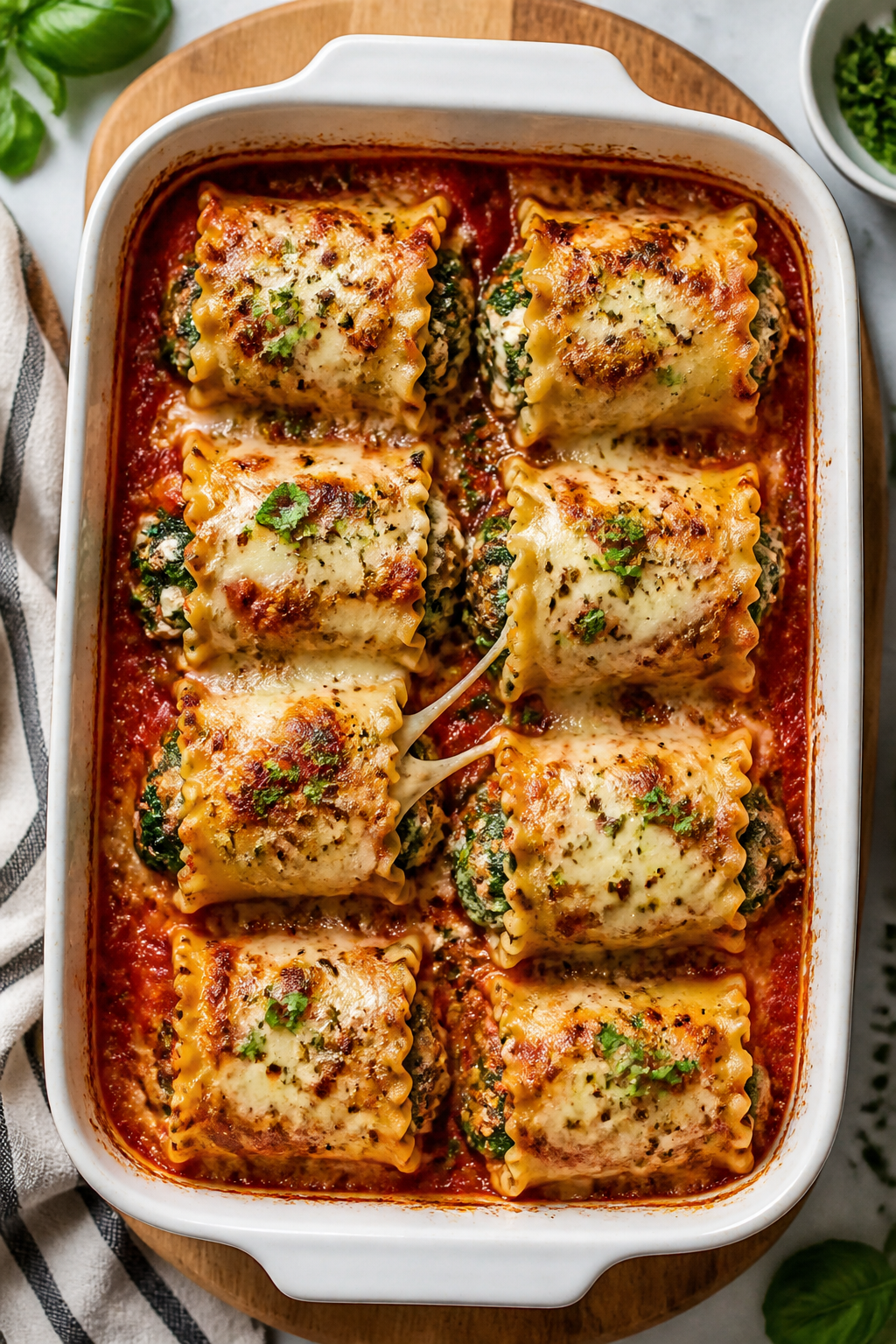 Overhead shot of freshly baked spinach mushroom lasagna roll ups in a 9x13 ceramic baking dish, sauc