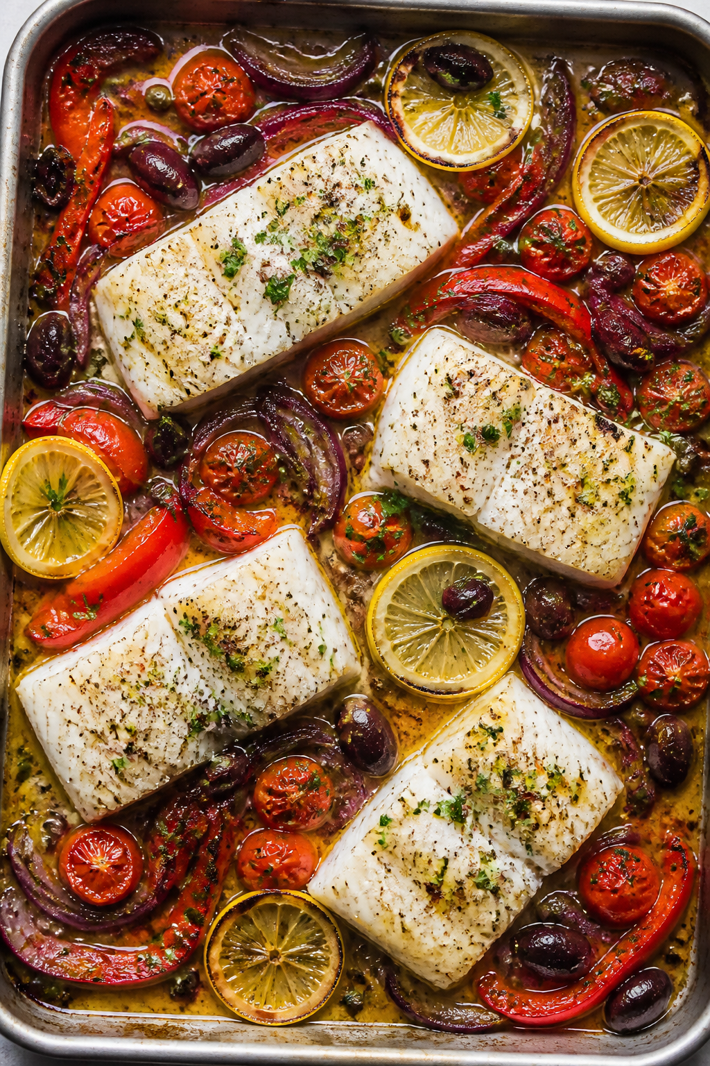 Overhead shot of Mediterranean baked white fish just out of the oven on a sheet pan: flaky cod fille