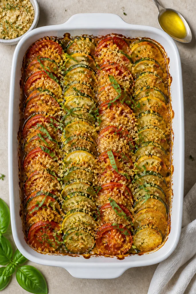 Overhead shot of the baked zucchini–summer squash–tomato gratin just out of the oven, rows of th