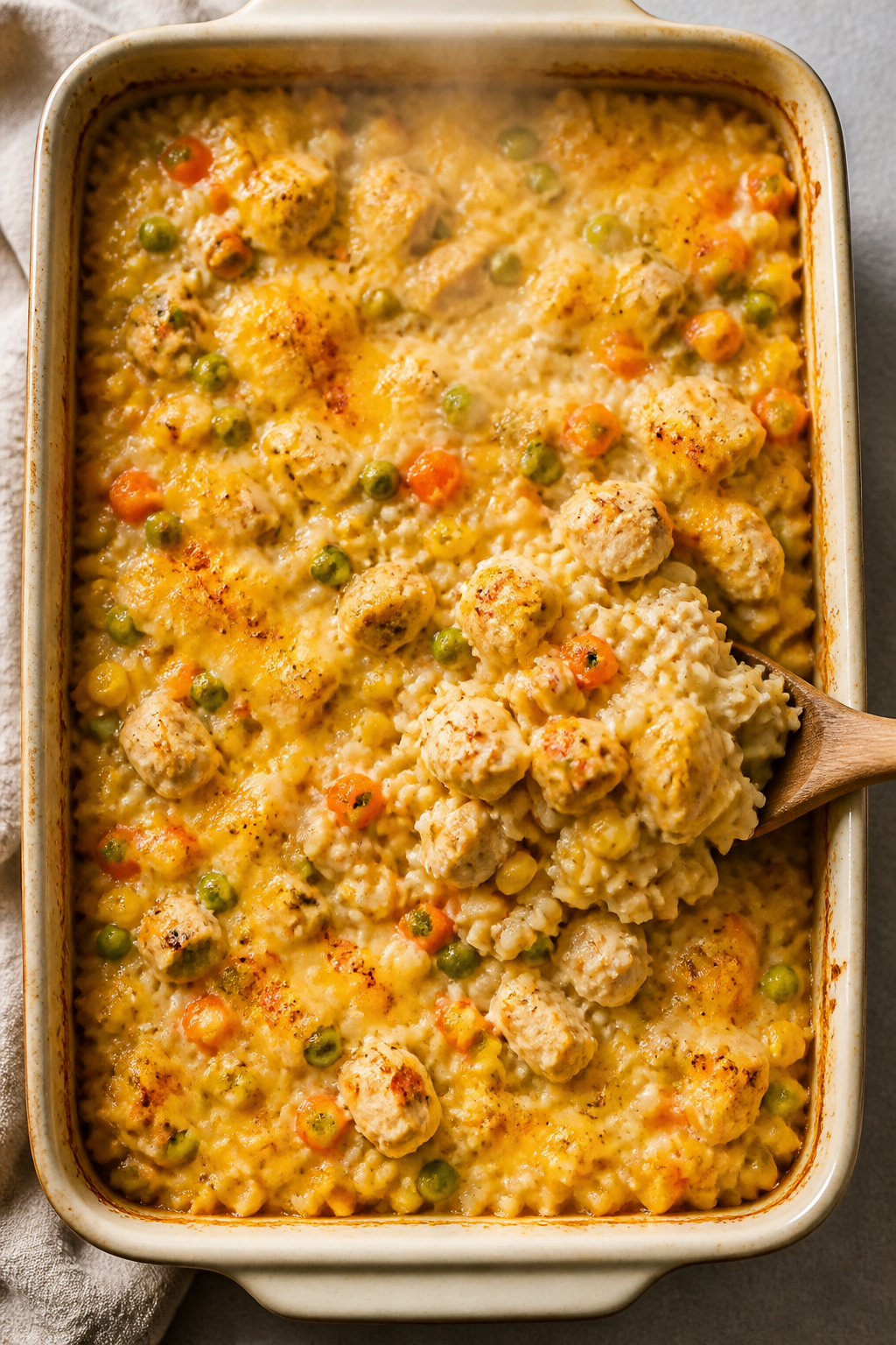Overhead shot of the Easy Cheesy Chicken and Rice Casserole just after the foil is removed and stirr