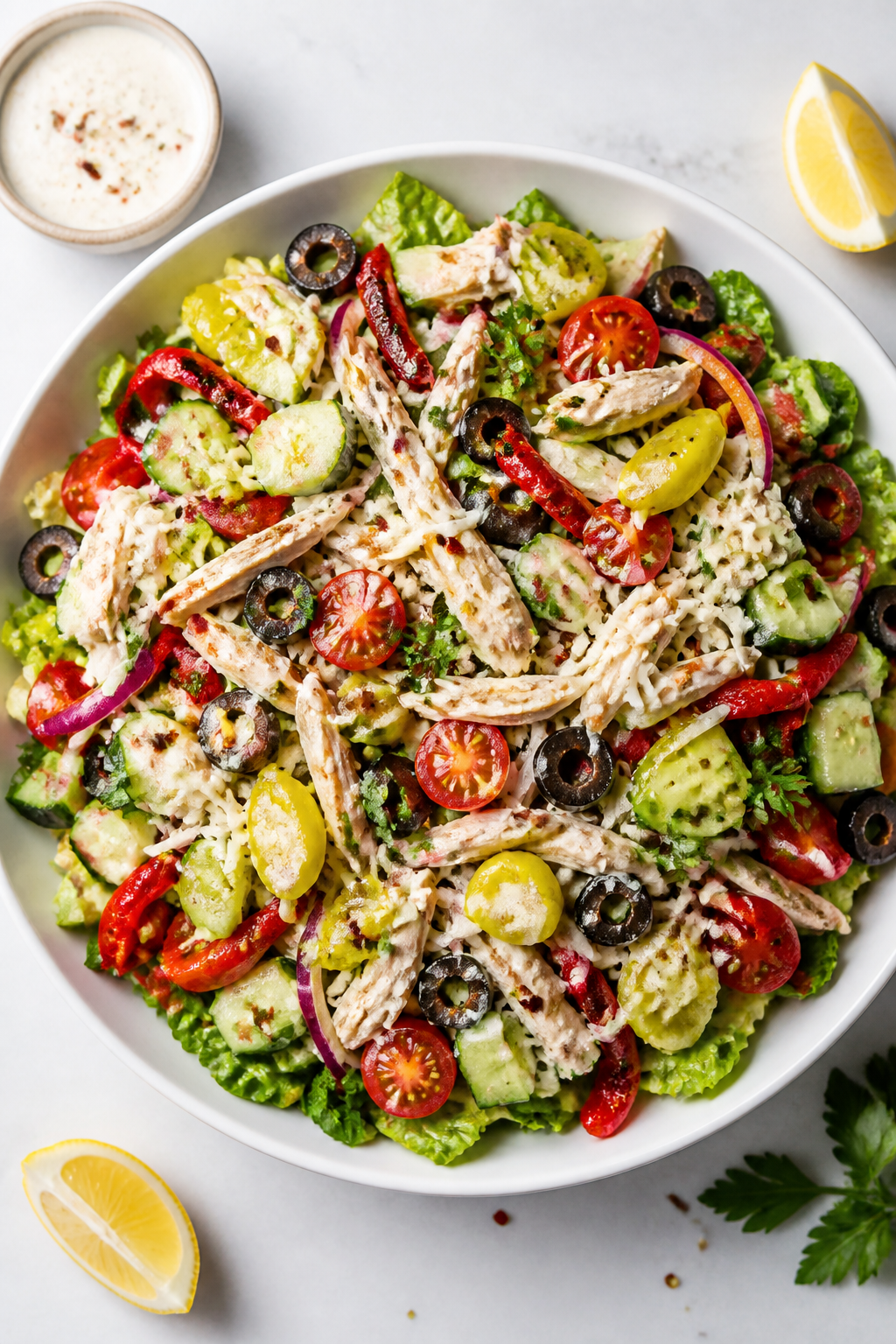 Overhead shot of the finished High Protein Italian Grinder Chicken Salad in a wide, shallow white bo