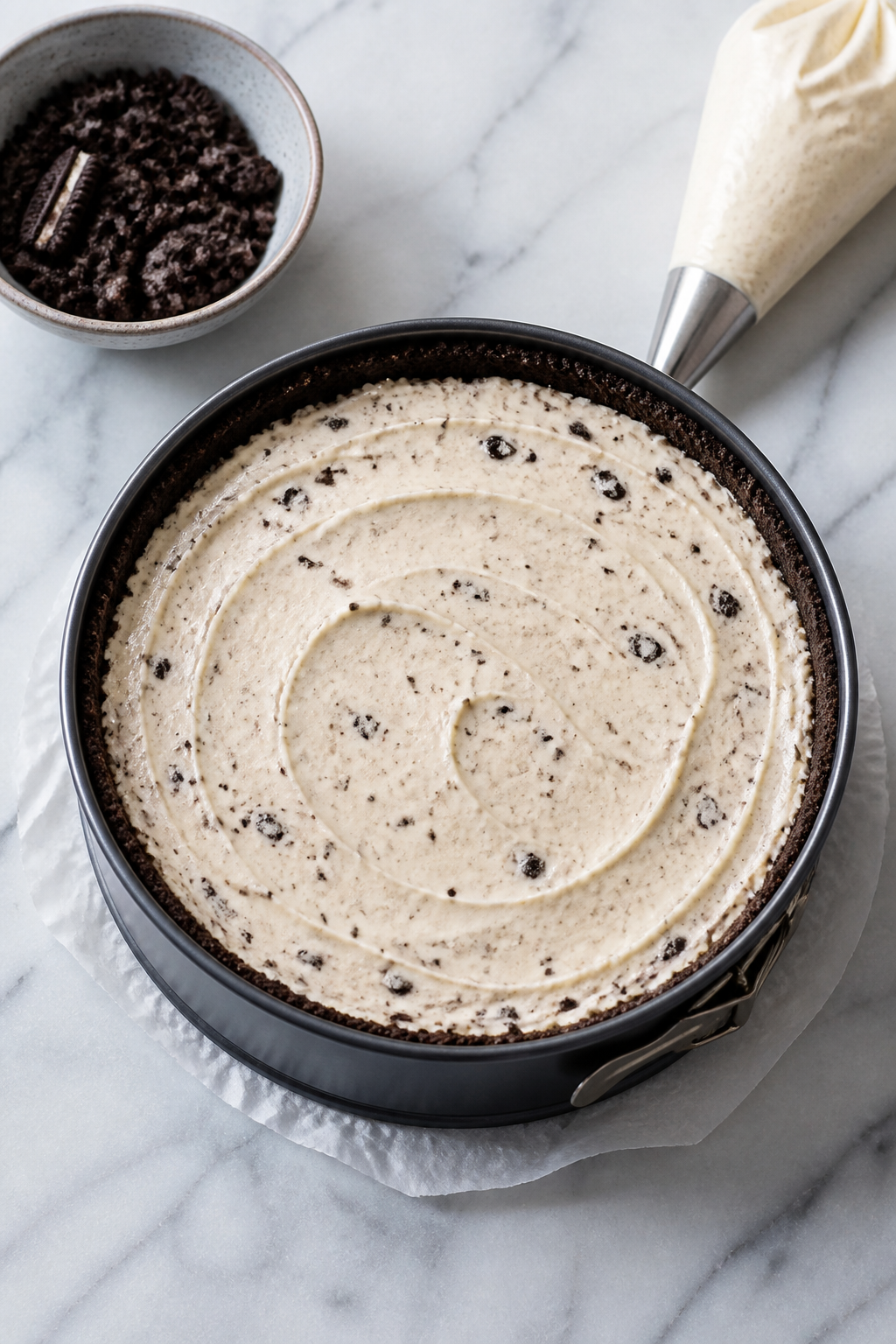 Overhead shot of the prepared no-bake Oreo cheesecake just after smoothing the filling into the chil