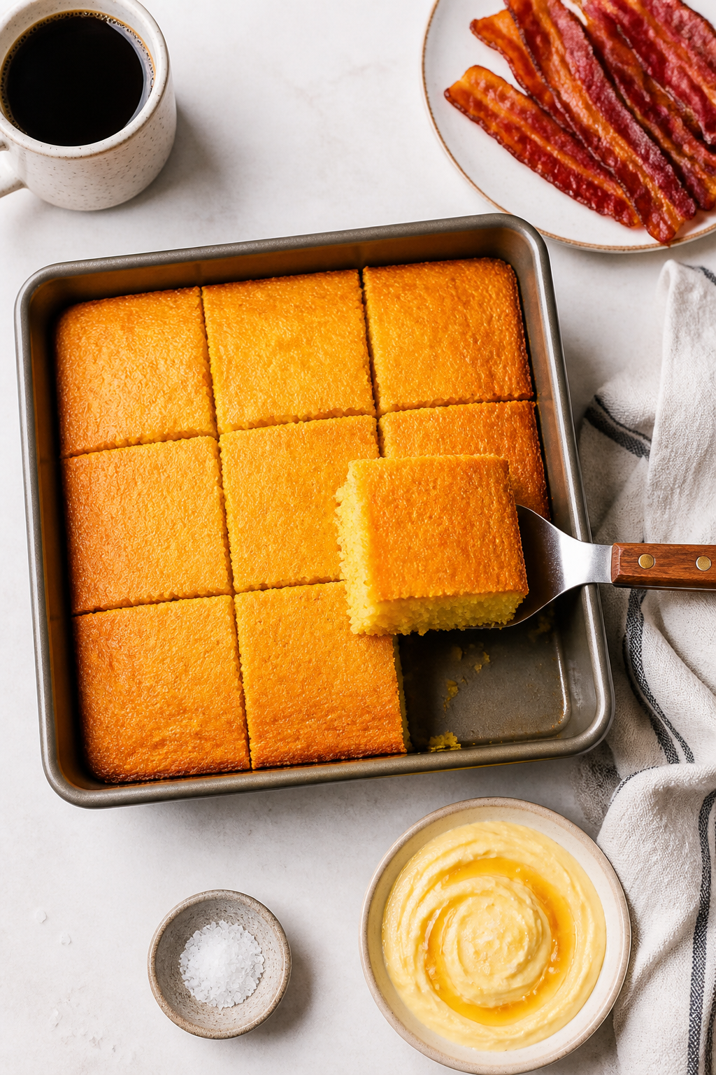 Overhead, top-down process shot of the baked cornbread in an 8-inch square pan right after cooling,