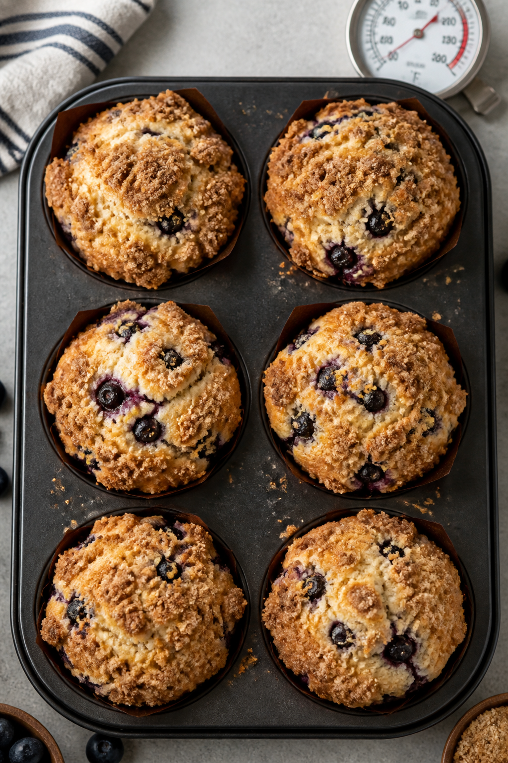 Overhead, top-down shot of six jumbo muffins in a lined 6-cup muffin pan just out of the oven, showi