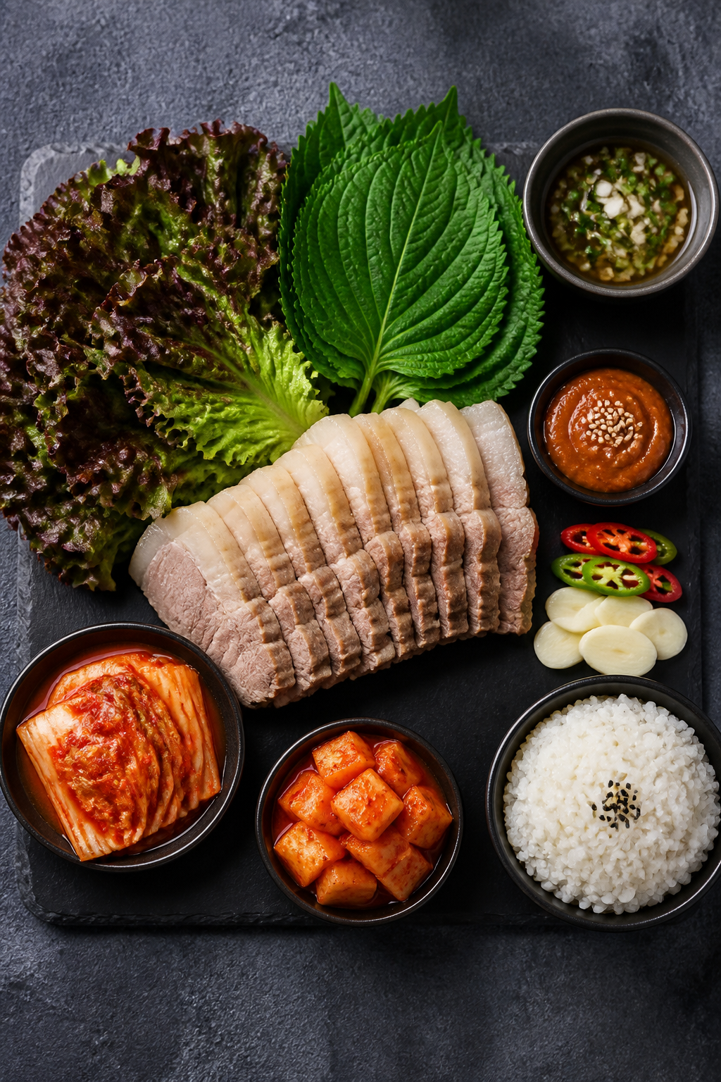 Tasty top view and final presentation: Overhead shot of a bossam spread ready to wrap—neatly slice