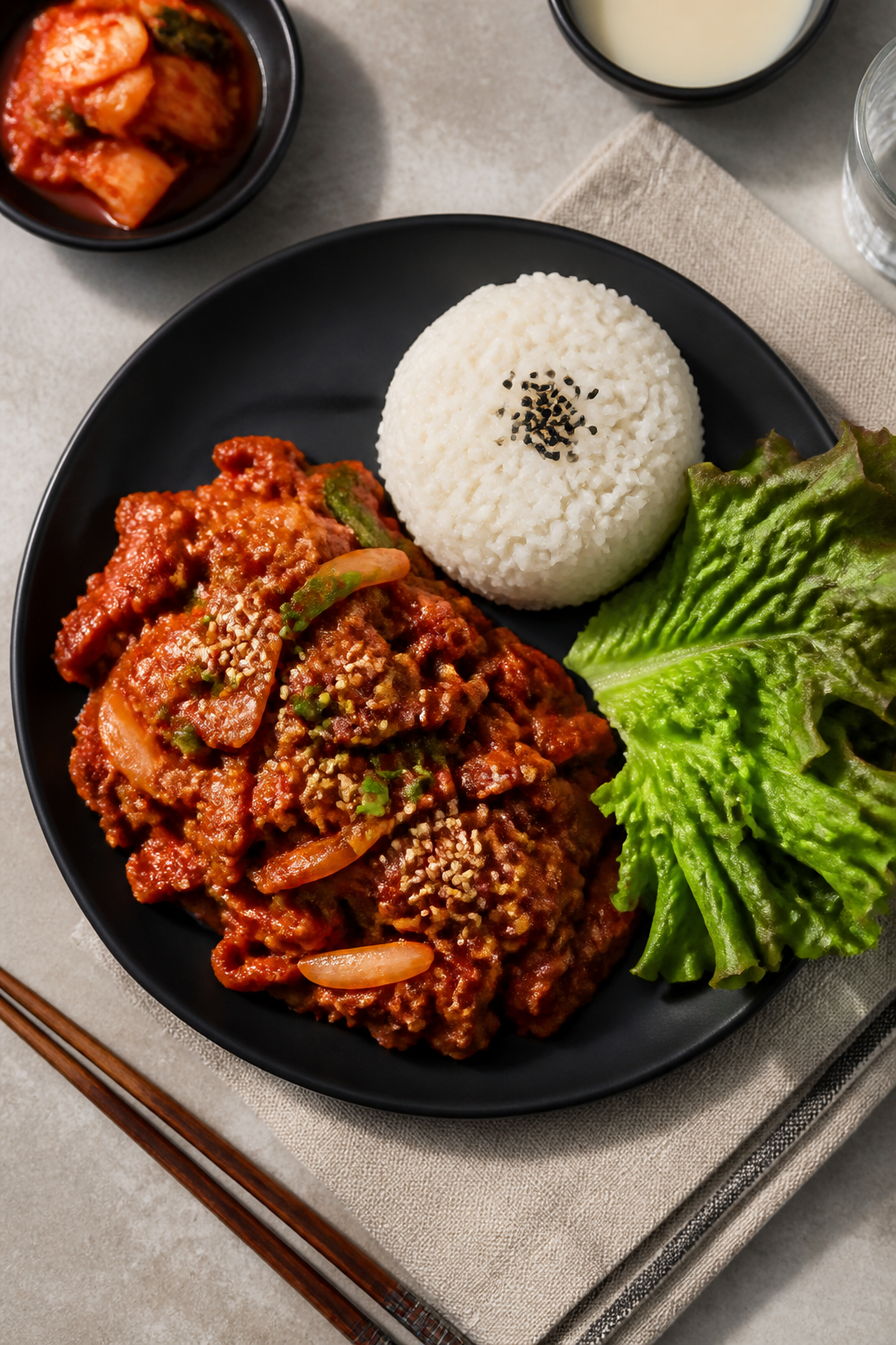 Tasty top view, final presentation: Overhead shot of Jeyuk Bokkeum piled on a matte black plate, vib