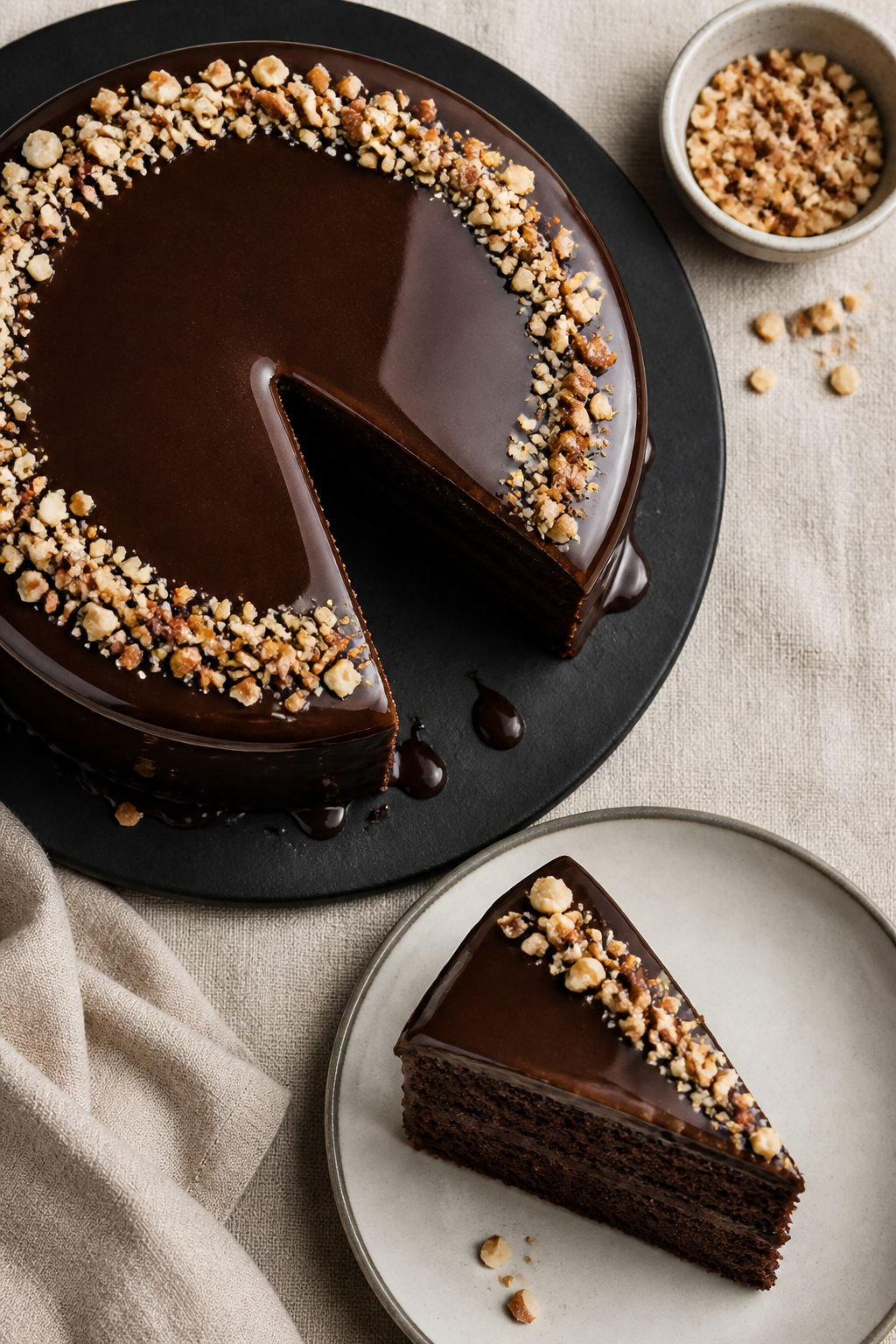 Tasty top view final presentation: Overhead shot of the finished nutty chocolate glaze cake on a mat
