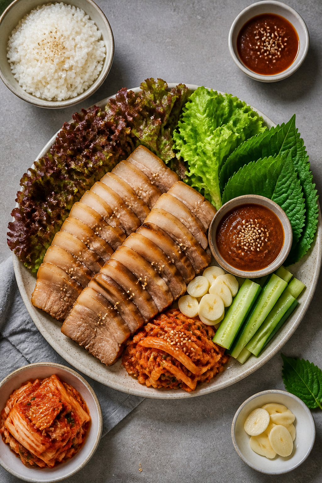 Tasty top view final spread: Overhead shot of a build-your-own bossam platter—neatly arranged slic
