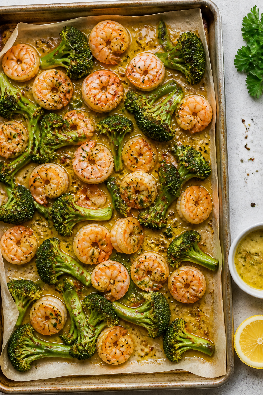 Tasty top view (overhead cooking process): Overhead shot of the hot sheet pan just out of the oven, 