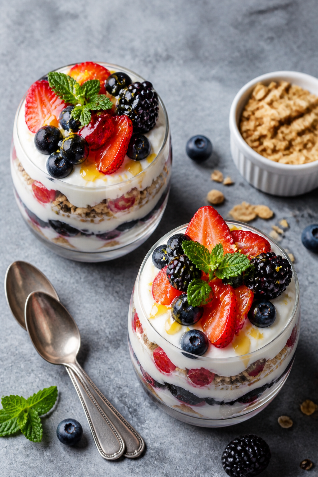 Tasty top view: Overhead shot of two fully finished berry parfaits in short glass tumblers on a cool