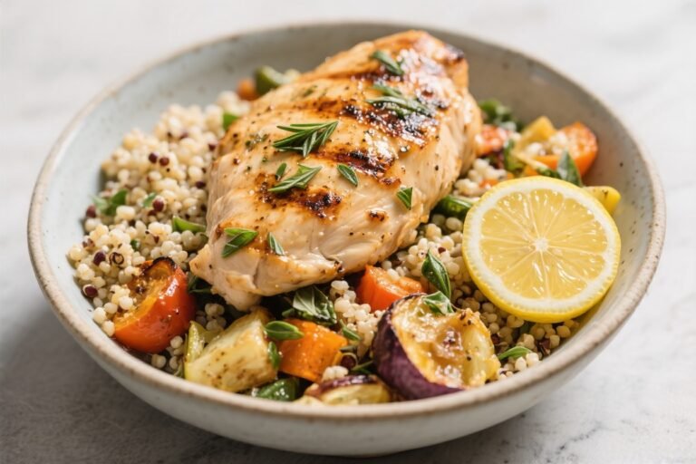 Grilled Lemon Herb Chicken With Quinoa & Roasted Veggies Bowl