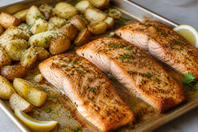 Sheet Pan Honey Mustard Salmon With Caesar Roasted Potatoes Half Baked Harvest