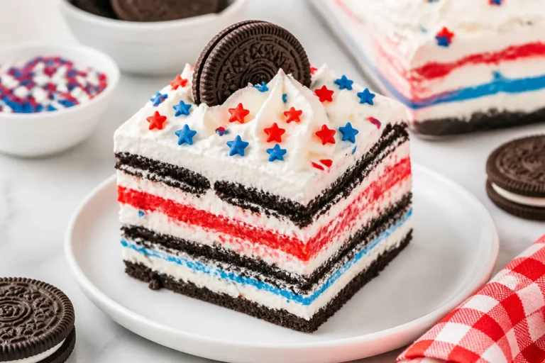 Easy No-Bake Red White Blue Oreo Icebox Cake Recipe for Summer Parties