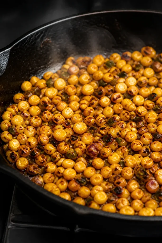 Close-up cooking process: Charred corn elote dip base sizzling in a black cast-iron skillet on the s