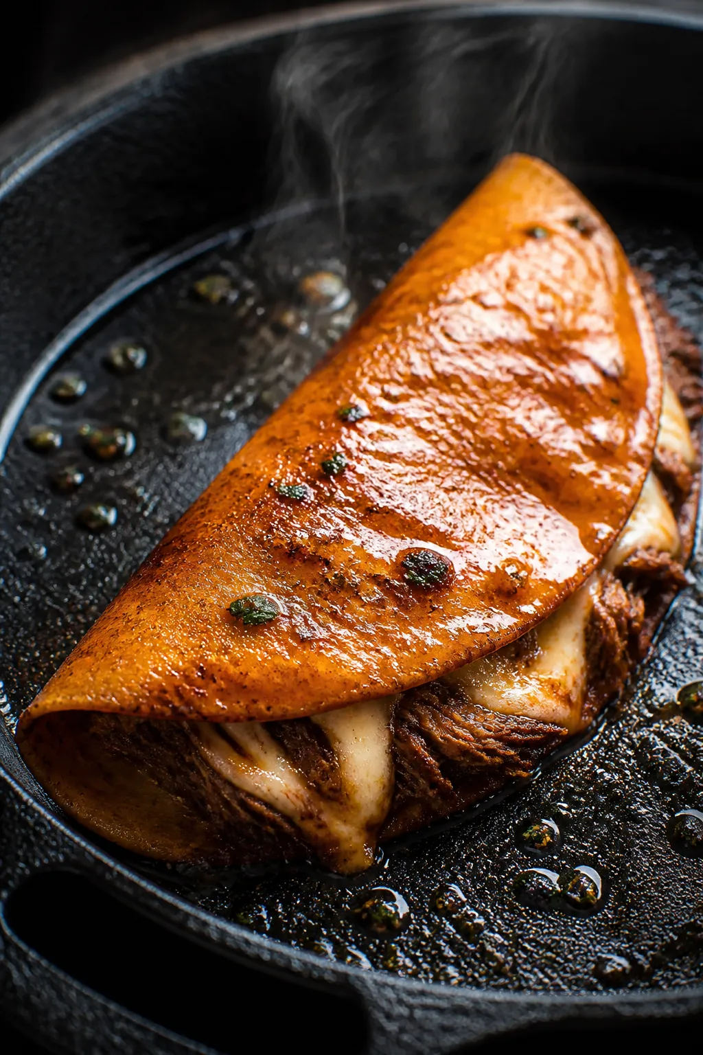Close-up cooking process shot: Crispy quesabirria taco being seared in a cast-iron skillet, tortilla