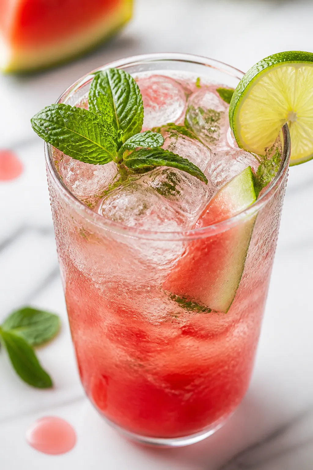 Close-up detail: A high-angle macro of the finished watermelon mocktail mid-stir, showing ruby-red w