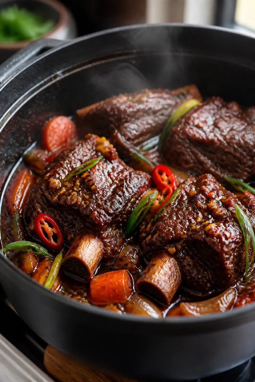 Close-up detail and cooking process: Beef short ribs mid-braise in a heavy black Dutch oven, bathed