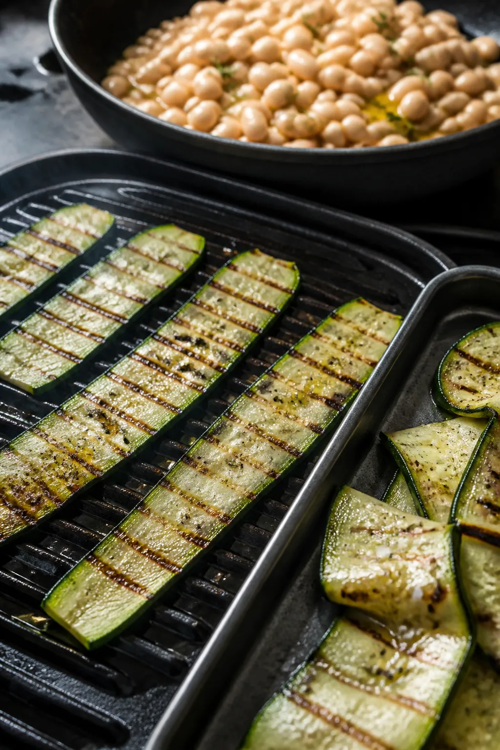 Close-up detail and cooking process: Grilled zucchini ribbons sizzling on a preheated grill pan, med