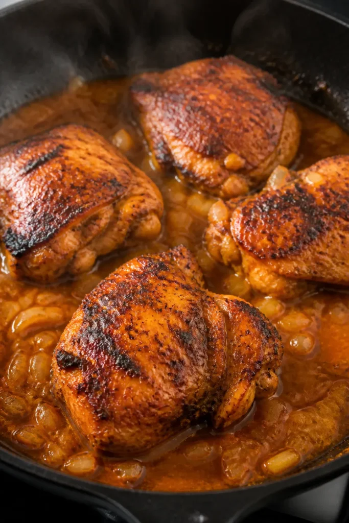 Close-up detail and cooking process: Searing peri-peri–spiced chicken thigh pieces in a wide skill