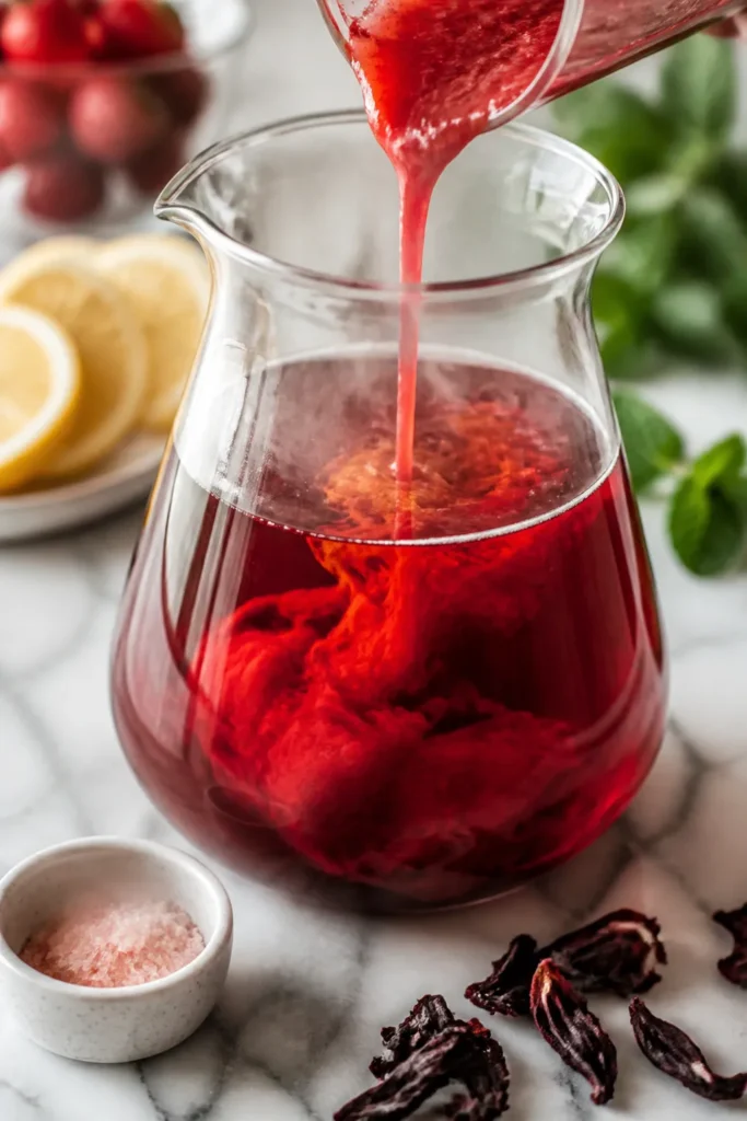 Close-up detail/cooking process: A glass carafe of deep ruby-red hibiscus tea strawberry lemonade be