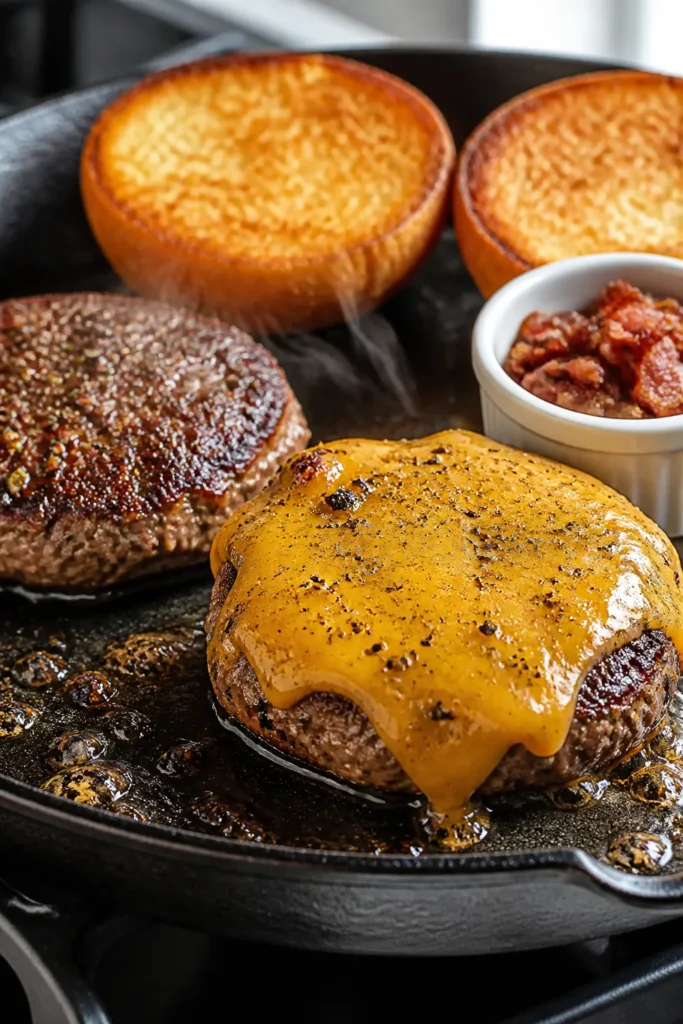 Close-up detail, cooking process: A sizzling cast-iron skillet on medium-high heat with two ranch-se