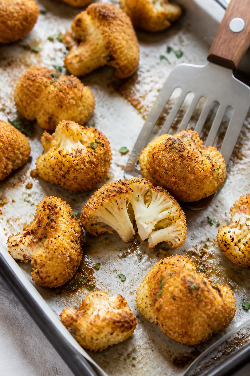 Close-up detail/cooking process: Cauliflower bites on a parchment-lined baking sheet at the halfway 