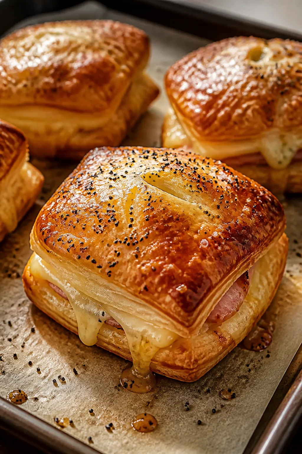 Close-up detail, cooking process: Golden-baked ham and cheese puff pastry stacks just out of the ove