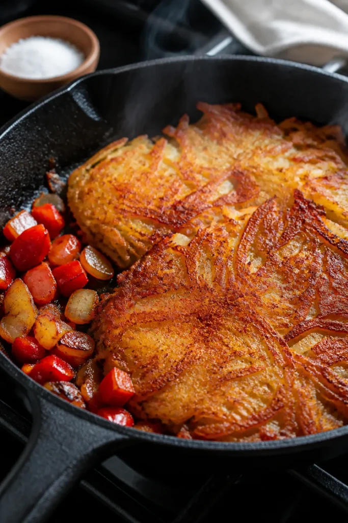 Close-up detail/cooking process: Golden, crispy hashbrowns being pan-fried in a cast-iron skillet, d