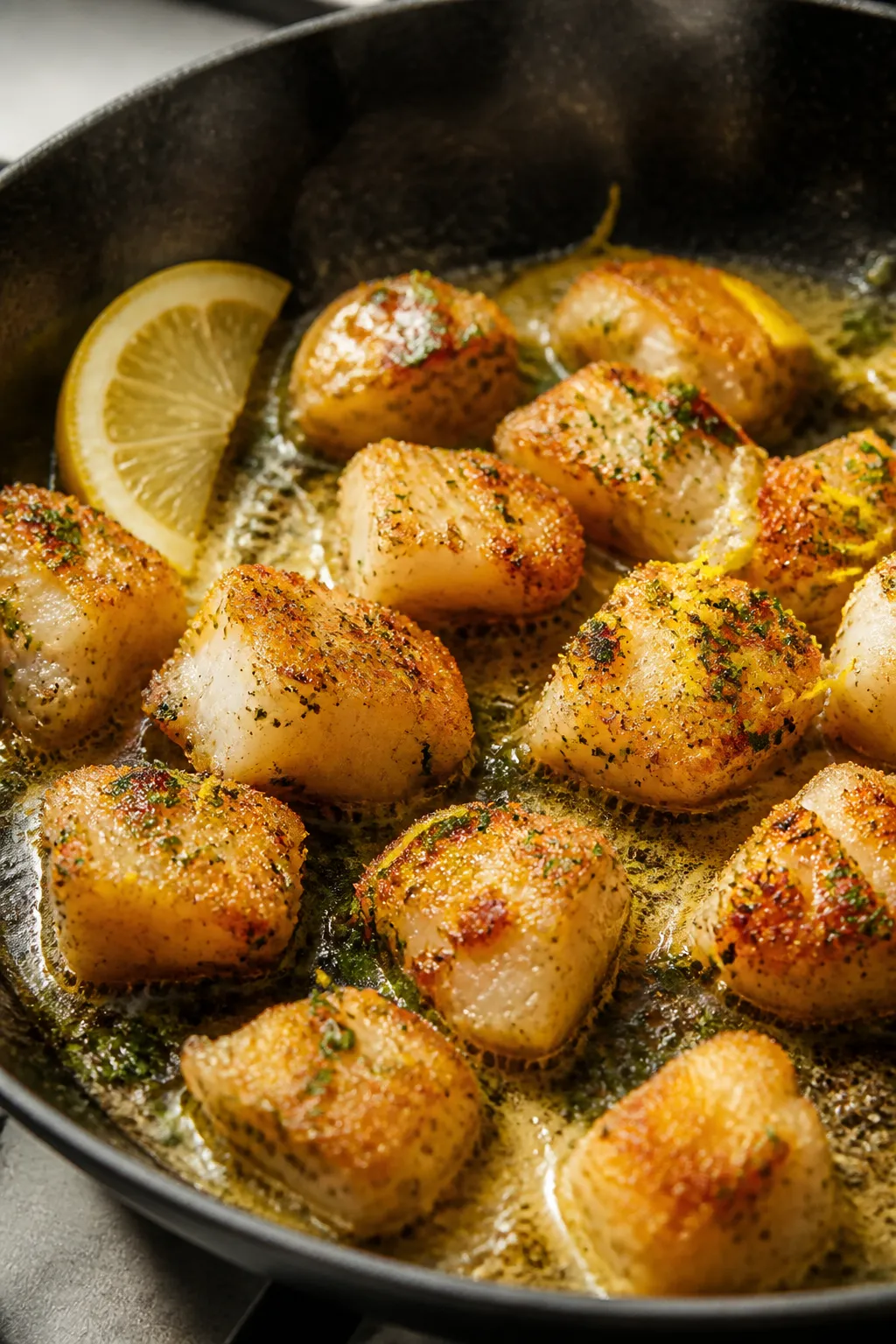 Close-up detail, cooking process: Golden, pan-fried lemon butter fish bites sizzling in a well-seaso
