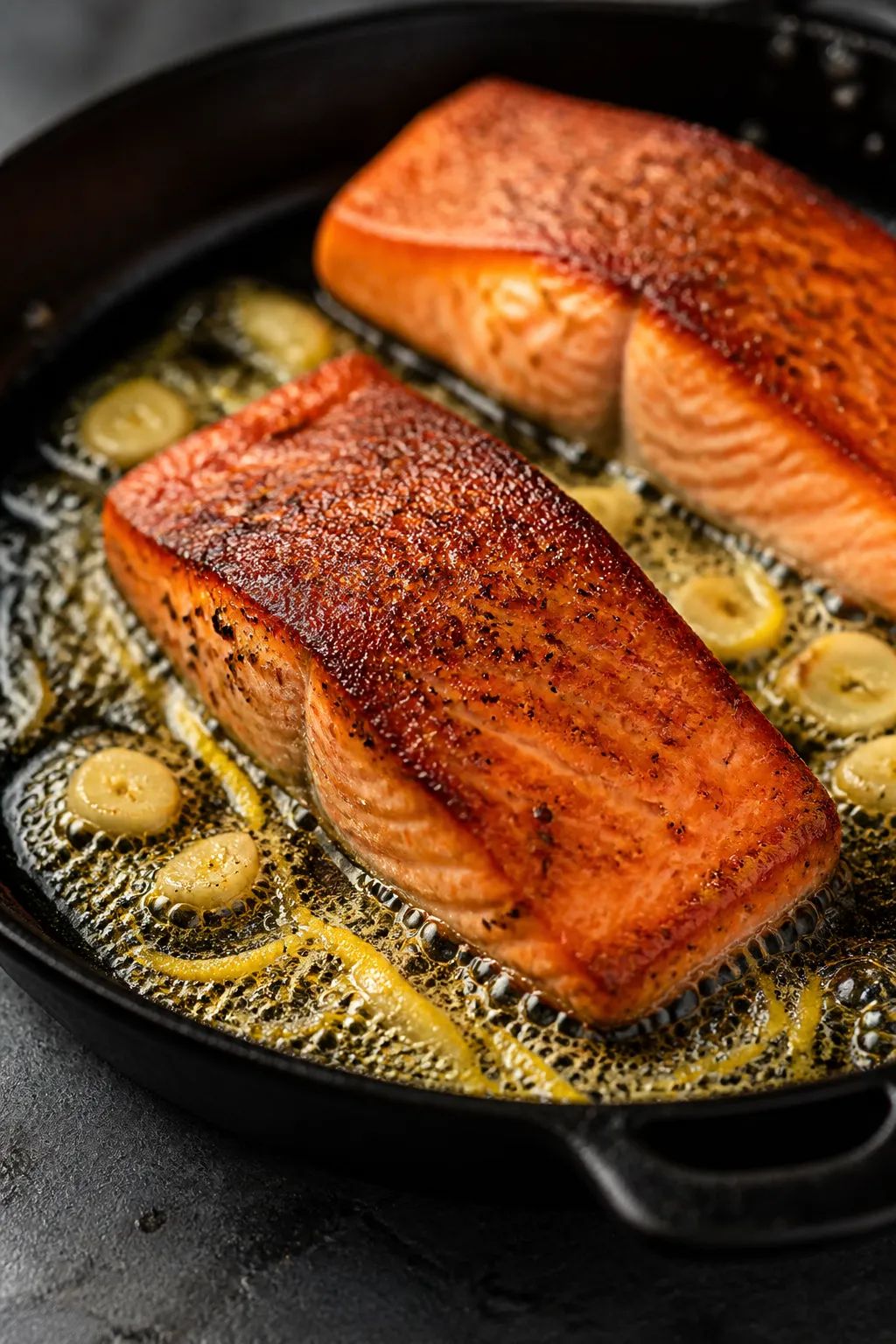 Close-up detail, cooking process: Searing salmon fillets in a hot cast-iron skillet, presentation si