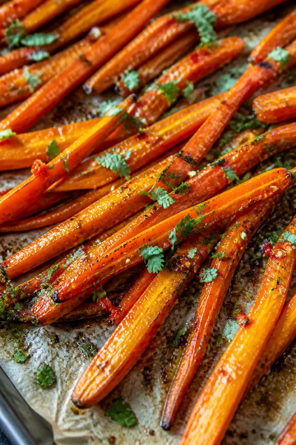 Close-up detail: Golden-brown ginger roasted carrots just out of the oven on a parchment-lined sheet
