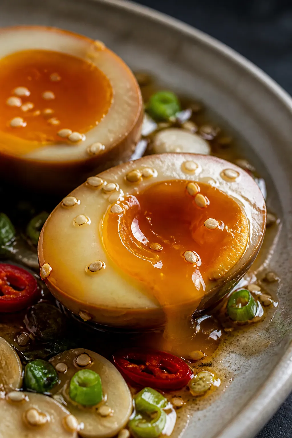 Close-up detail: Halved Korean soy-marinated egg with a glossy, jammy yolk just beginning to ooze, g
