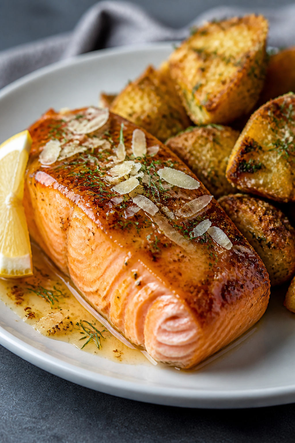 Close-up detail of a plated portion: thick slice of honey-Dijon salmon with glossy glaze and a hint