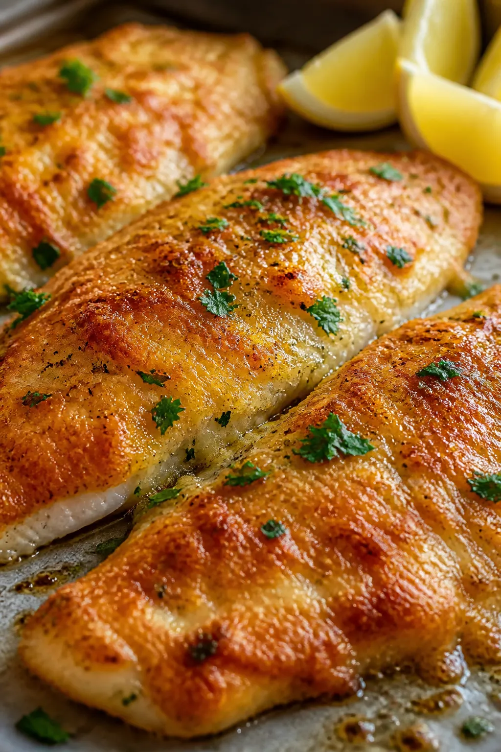 Close-up detail of oven-baked parmesan-crusted tilapia just out of the oven: golden, bubbly, finely