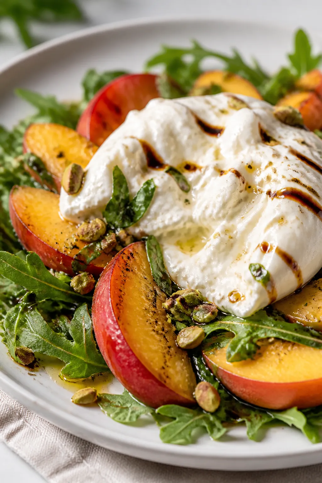 Close-up detail of the finished Peach Burrata Salad: torn burrata oozing creamy stracciatella over g