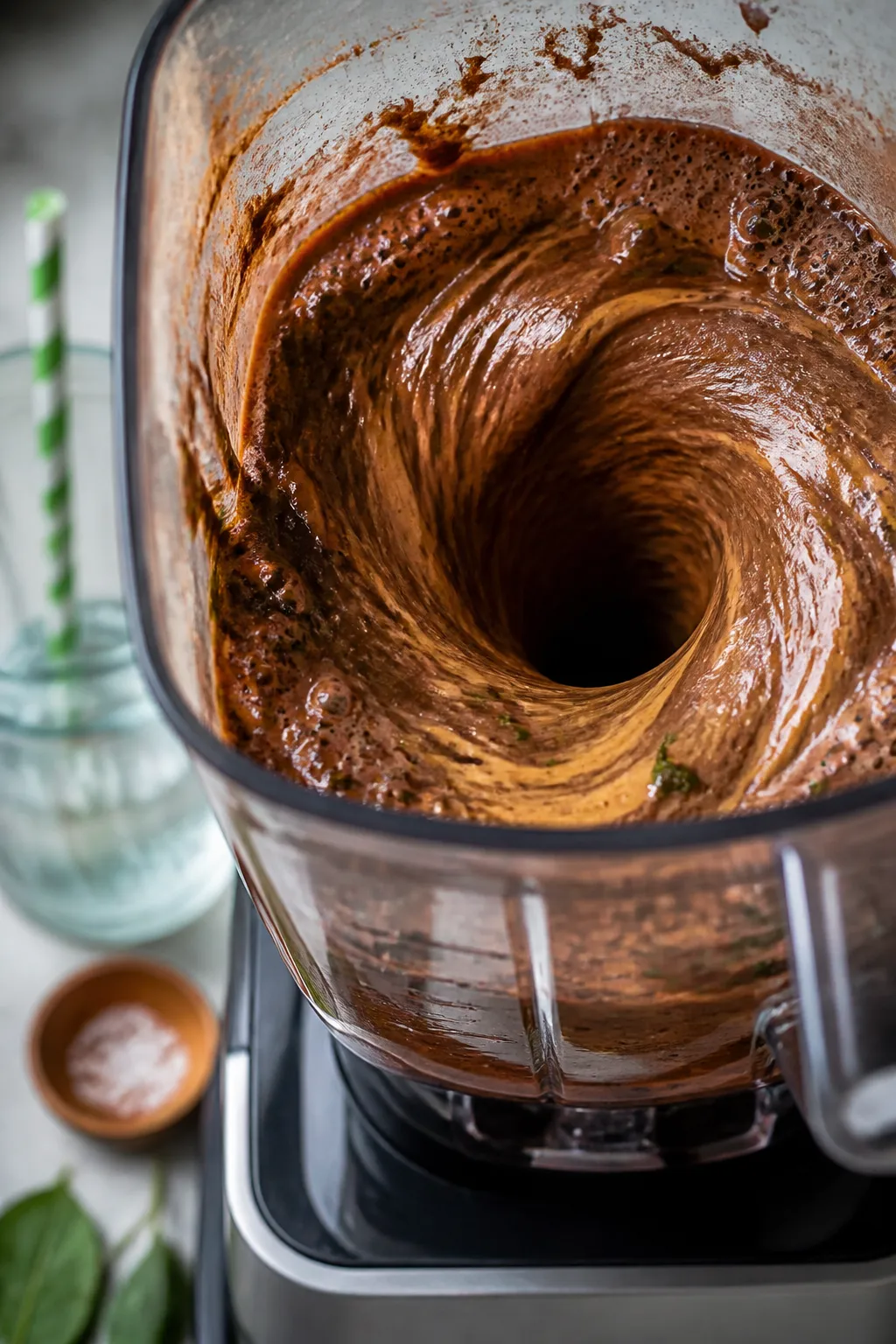 Close-up detail, process shot: A high-speed blender mid-blend showing a glossy, thick chocolate prot