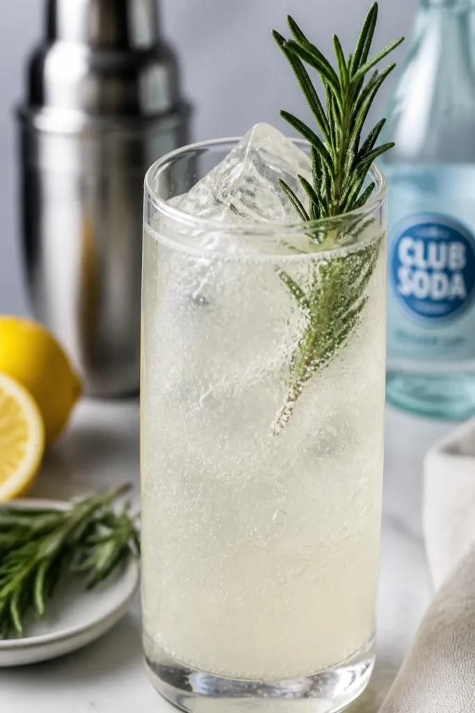 Close-up detail shot: A freshly poured Rosemary Gin Fizz in a chilled Collins glass over clear ice,