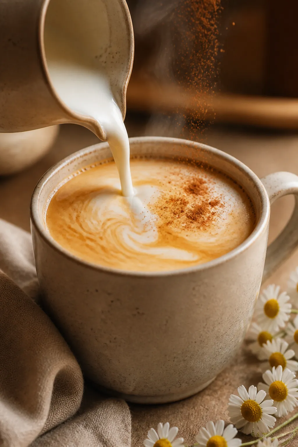 Close-up detail shot of a freshly prepared chamomile & honey sleepytime latte being combined: silky 