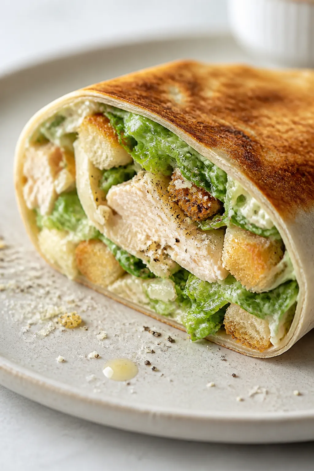 Close-up detail shot of a freshly toasted chicken Caesar salad wrap half, seam side crisped golden i