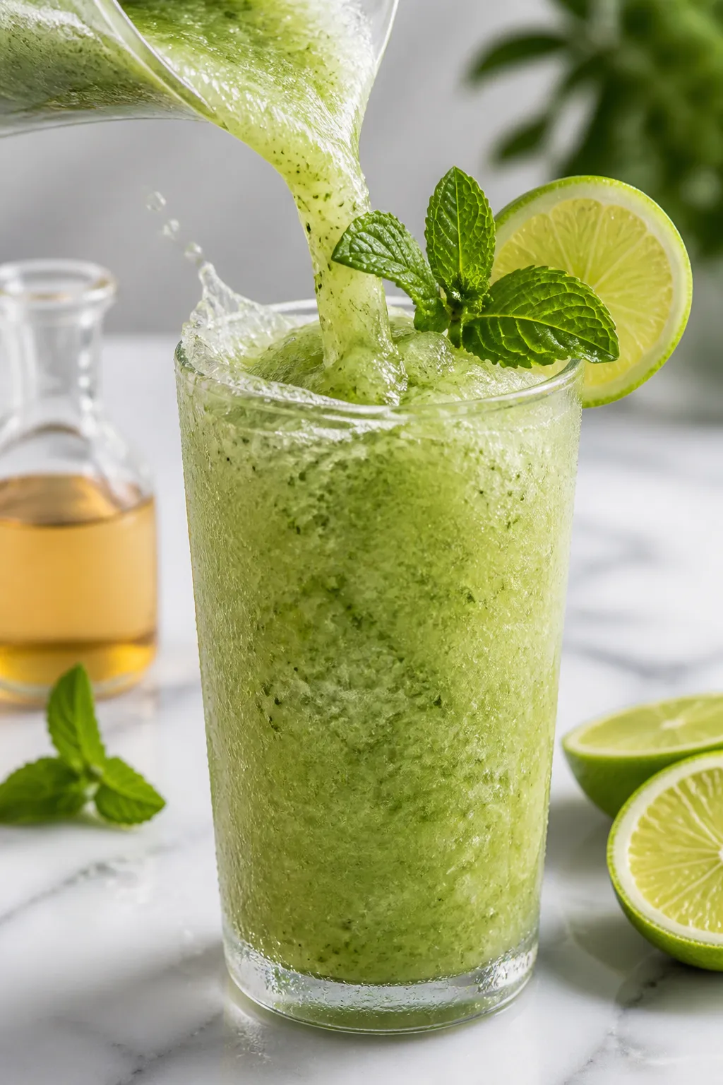 Close-up detail shot of a frosty frozen mojito mocktail mid-pour into a chilled highball glass, thic