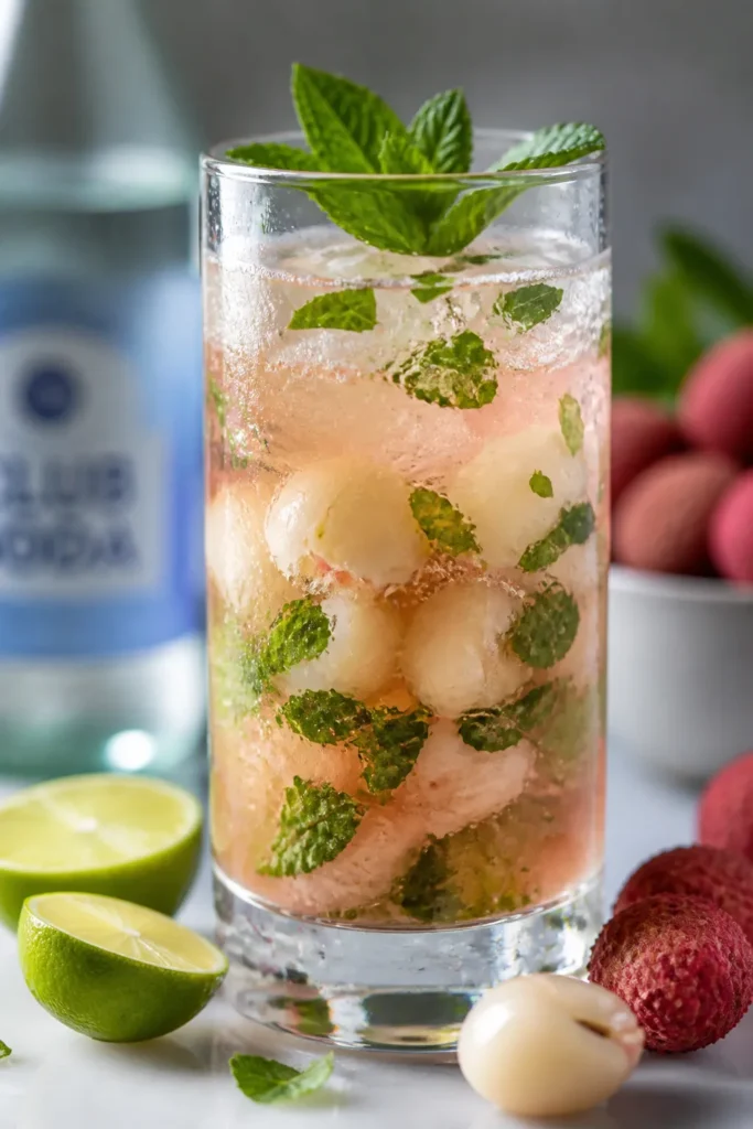 Close-up detail shot of a prepared Lychee Rose Mojito right after the gentle muddle and initial stir