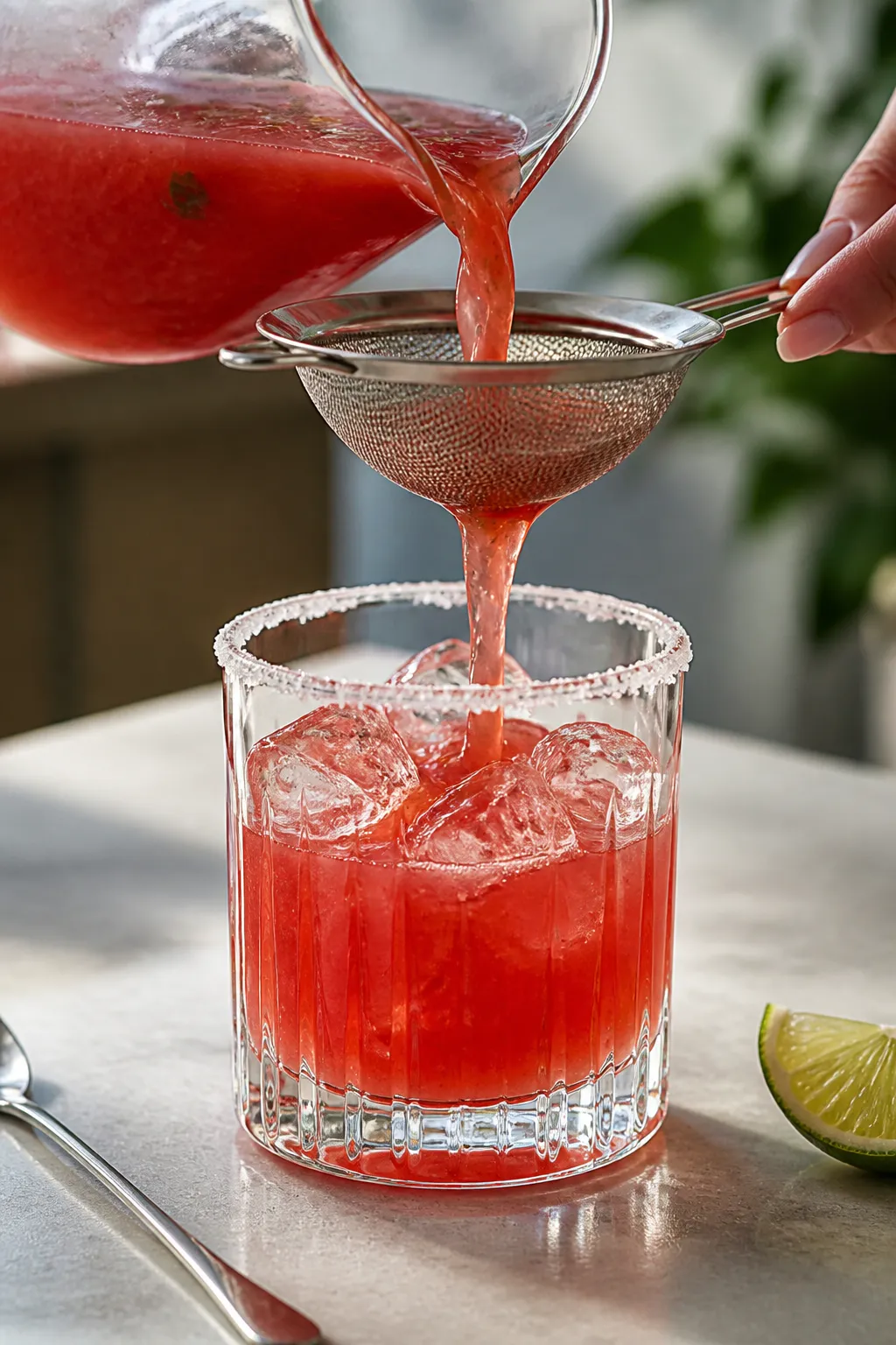 Close-up detail shot of a prepared strawberry basil margarita being strained into a rocks glass over